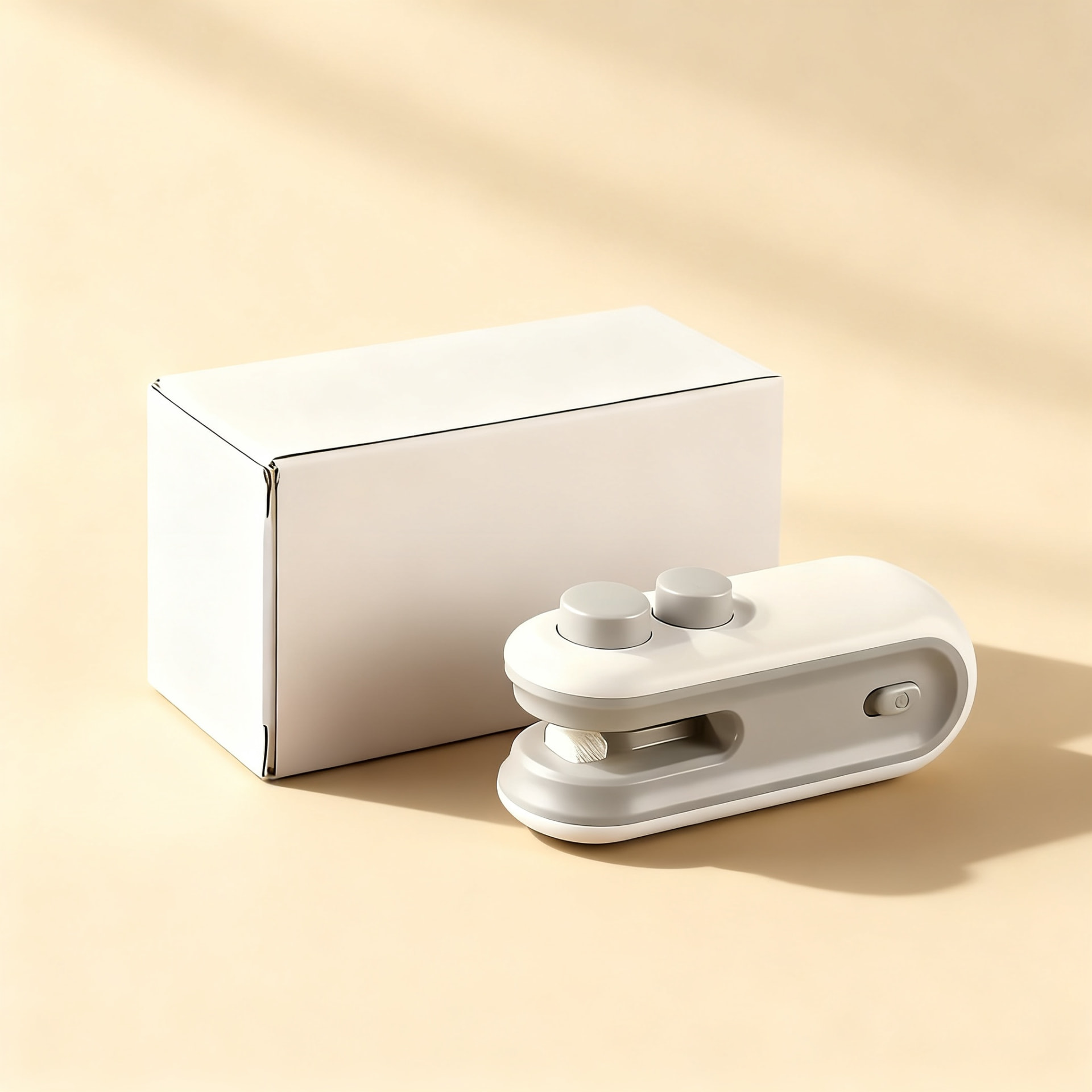 Organised Inc. Portable Sealing Machine next to its box on a cream background